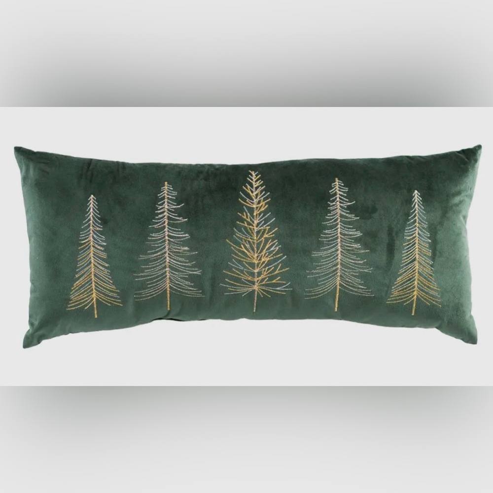 Green Holiday Rectangle Pillow with Gold Tree Embroidery